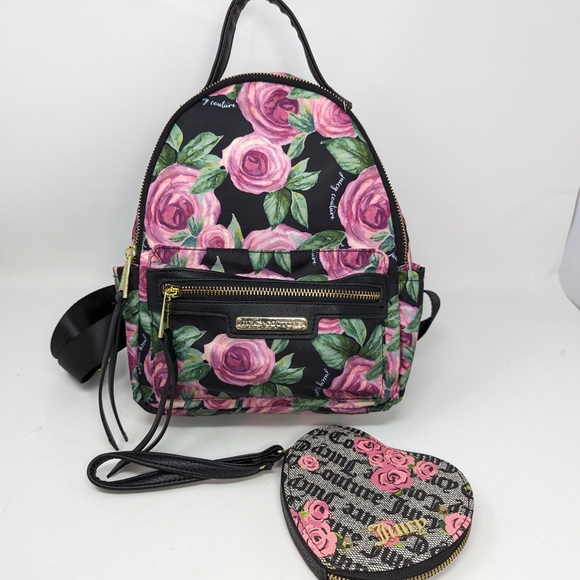 Juicy Couture Multi Rose Fabric Backpack & Heart Shaped Coin Purse - Picture 1 of 16